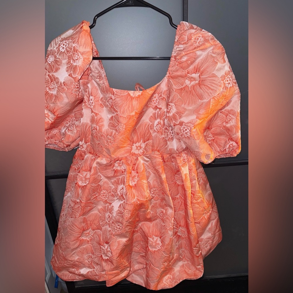 Bubble dress peachy pink short with puff sleeves and open bow back